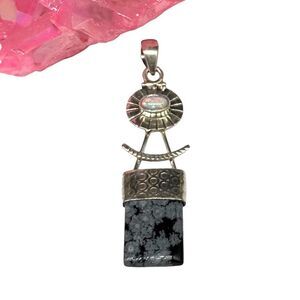 Black Snowflake Obsidian Fire Opal Necklace Pendant Solid 925 Sterling Silver